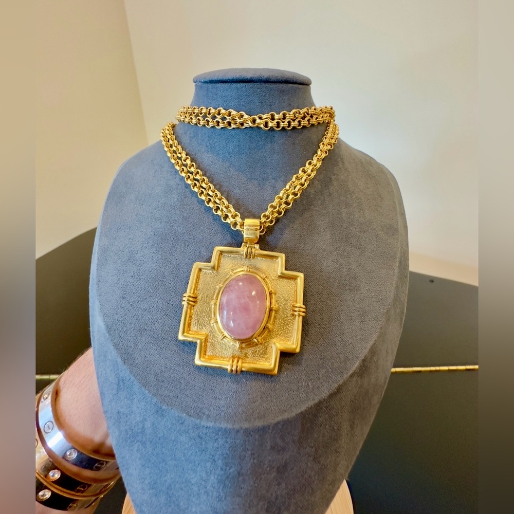 Vintage Authentic Luxury Bohemian RARE Julie Vos Rose Quartz Cross Necklace - Picture 7 of 17